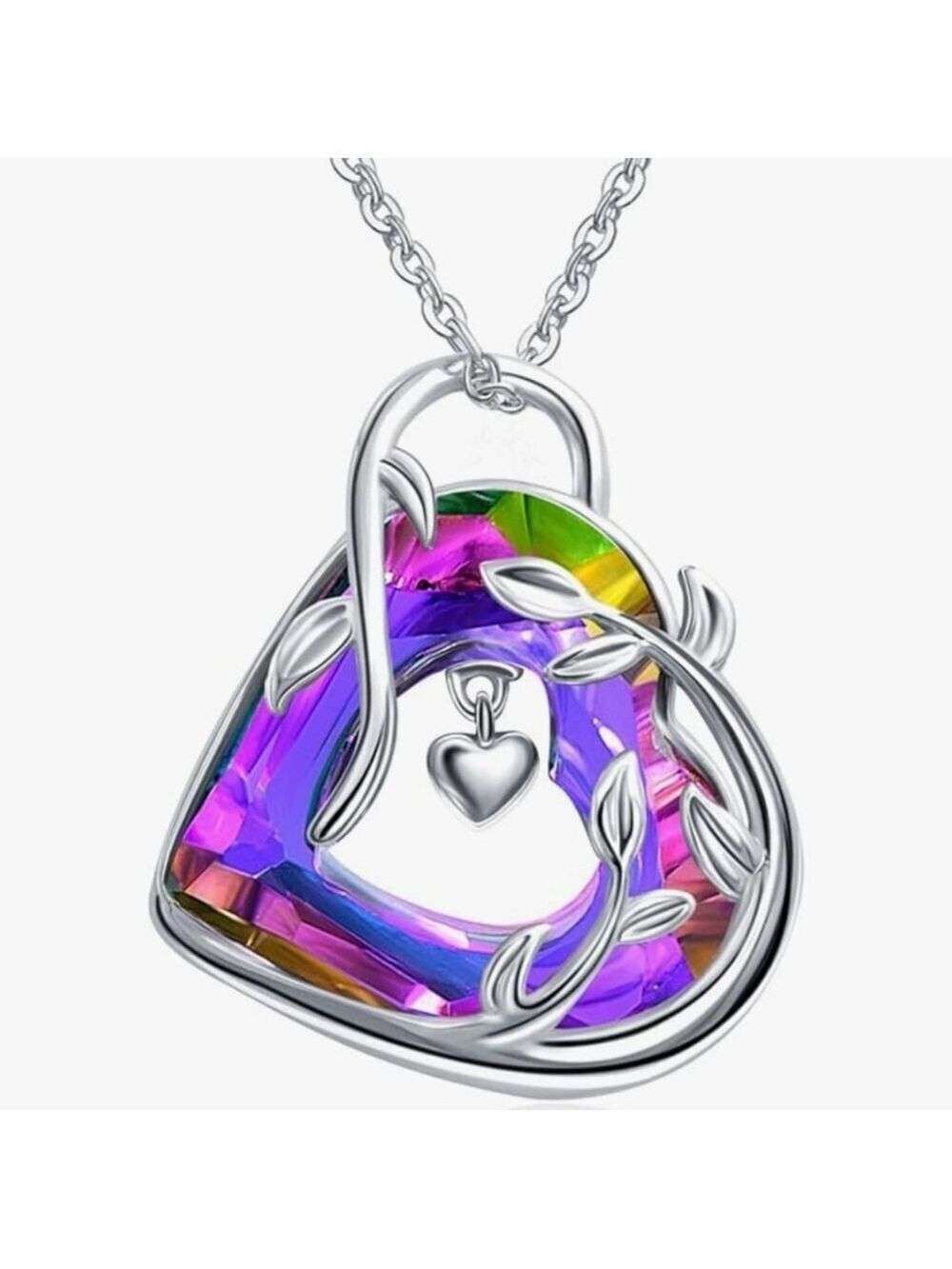 Rhodium Plated Heart Crystal Pendant Necklace, Pink